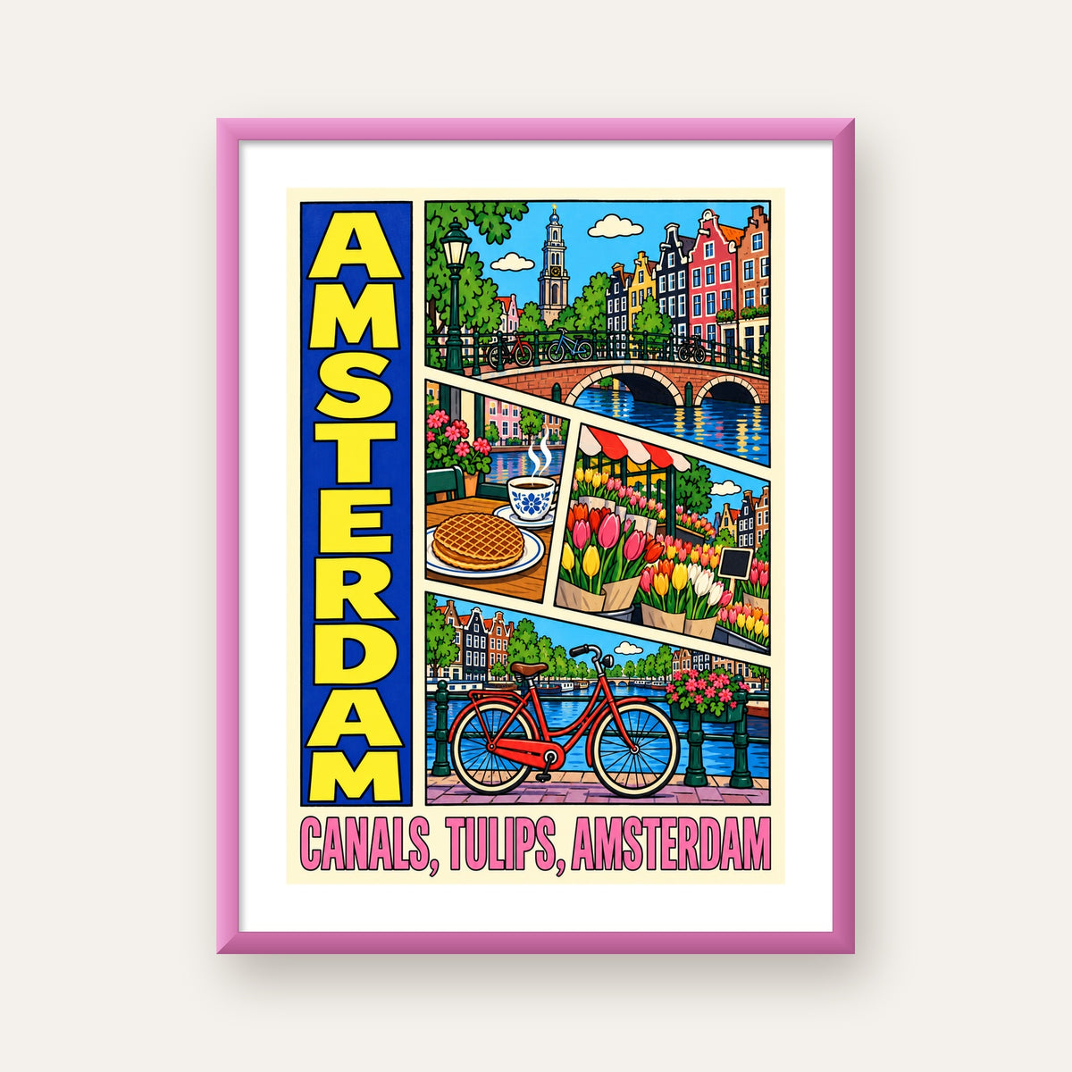 Amsterdam Temalı Renkli İllüstrasyon Poster – Modern Duvar Dekoru — pembe çerçeveli paspartulu