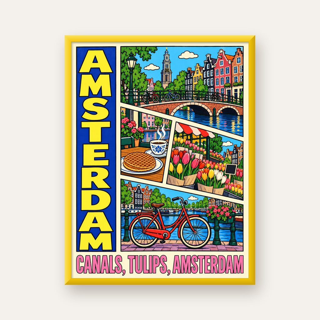 Amsterdam Temalı Renkli İllüstrasyon Poster – Modern Duvar Dekoru — sarı çerçeveli