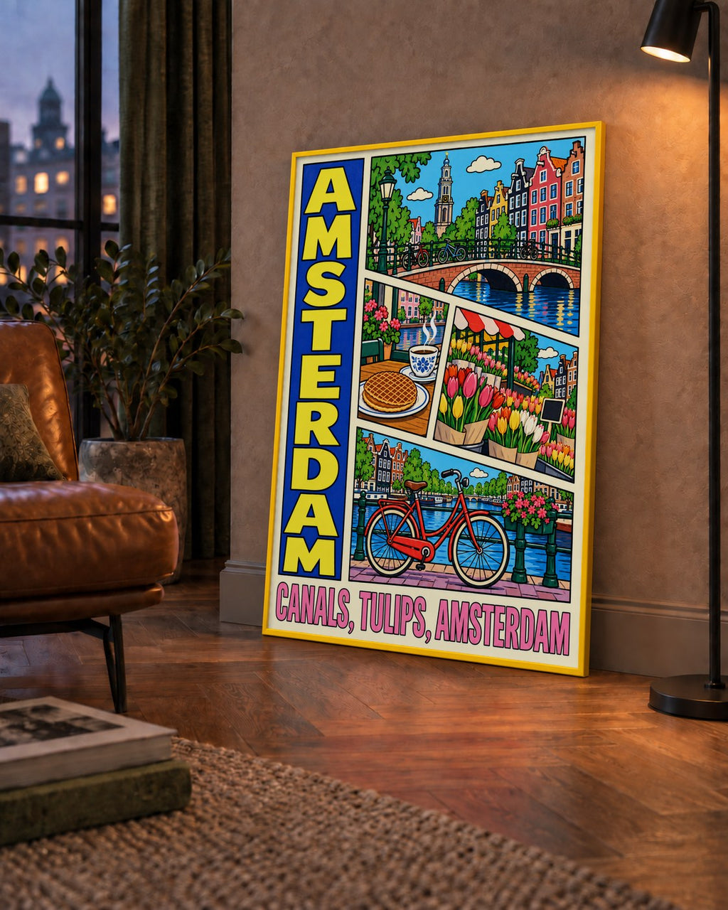 Amsterdam Temalı Renkli İllüstrasyon Poster – Modern Duvar Dekoru — çerçeveli hâliyle bir ev duvarında