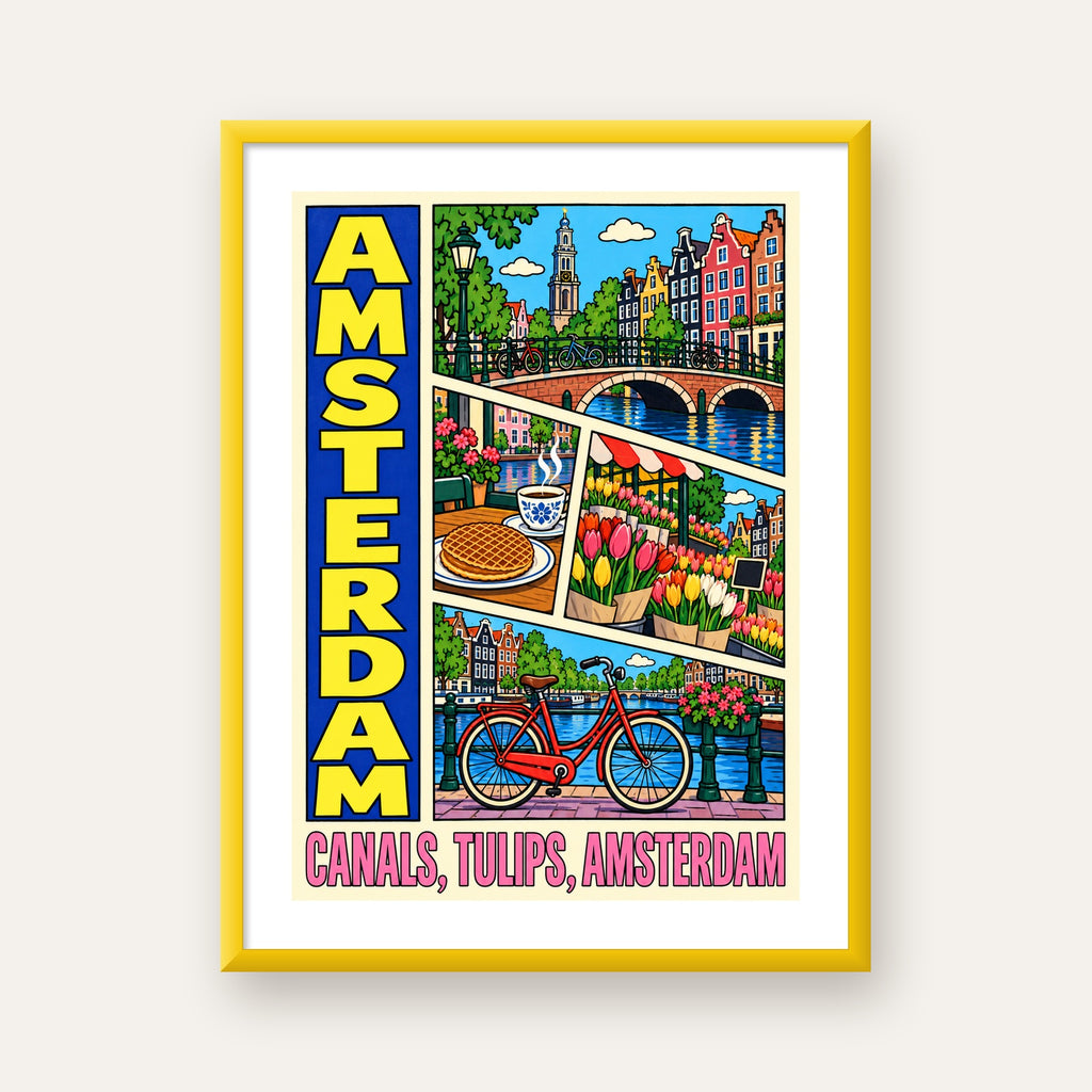 Amsterdam Temalı Renkli İllüstrasyon Poster – Modern Duvar Dekoru — sarı çerçeveli paspartulu