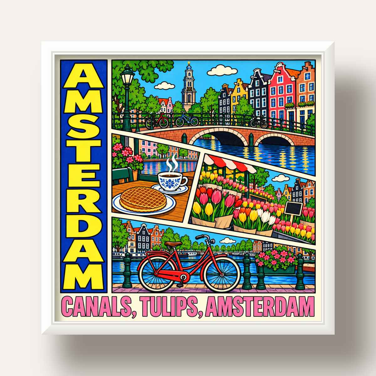 Amsterdam Temalı Renkli İllüstrasyon Poster – Modern Duvar Dekoru — beyaz derin çerçeveli