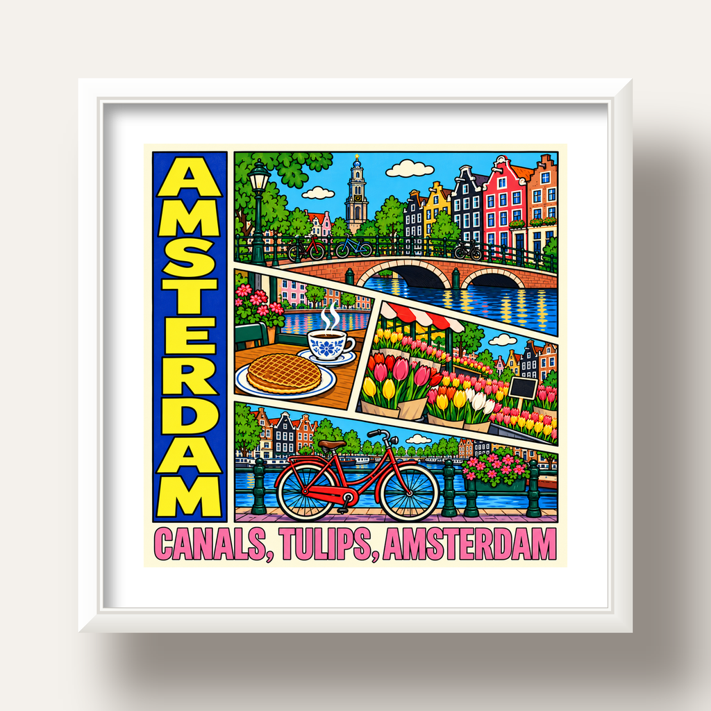 Amsterdam Temalı Renkli İllüstrasyon Poster – Modern Duvar Dekoru — beyaz derin çerçeveli paspartulu