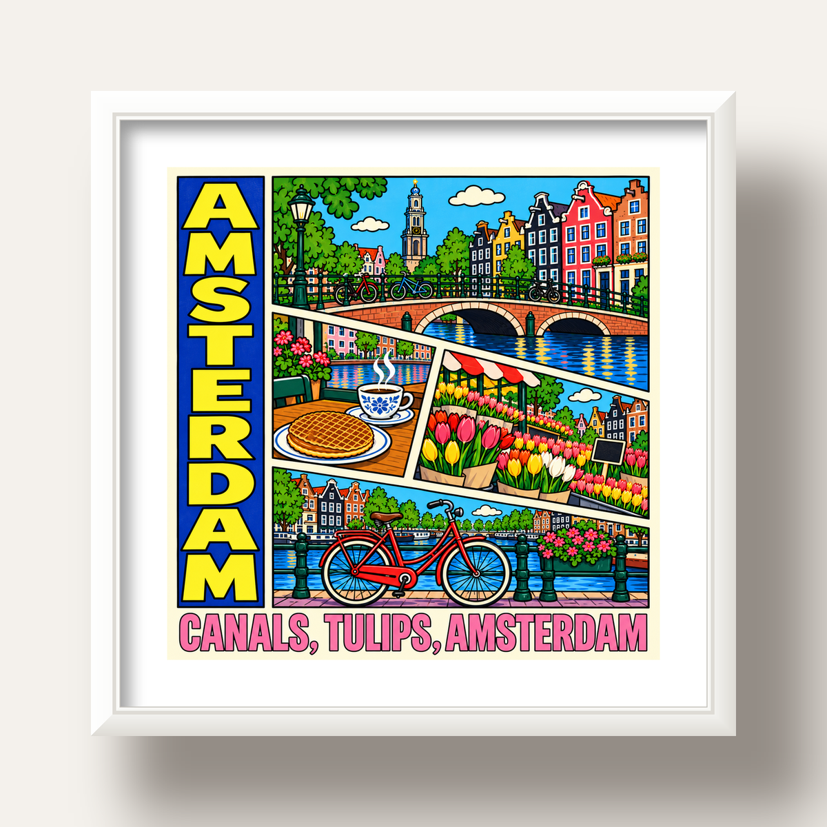 Amsterdam Temalı Renkli İllüstrasyon Poster – Modern Duvar Dekoru — beyaz derin çerçeveli paspartulu