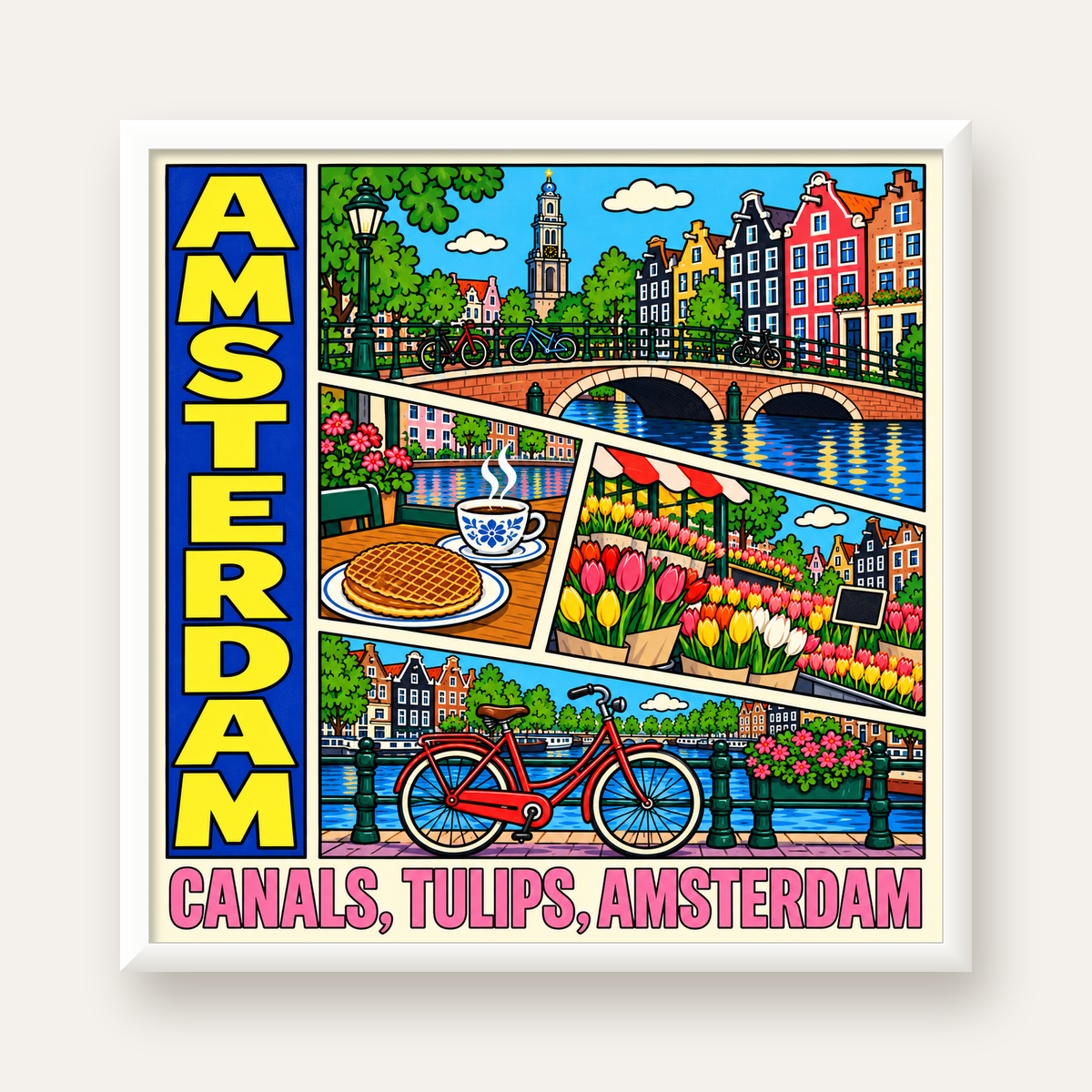 Amsterdam Temalı Renkli İllüstrasyon Poster – Modern Duvar Dekoru — beyaz çerçeveli kare poster