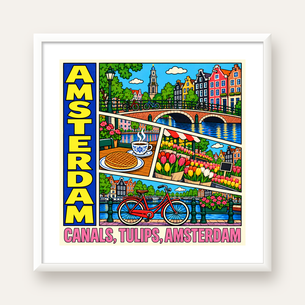 Amsterdam Temalı Renkli İllüstrasyon Poster – Modern Duvar Dekoru — beyaz çerçeveli kare poster