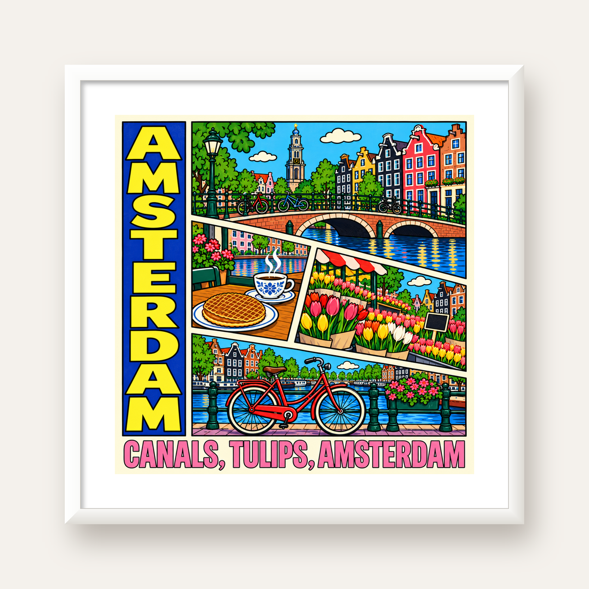 Amsterdam Temalı Renkli İllüstrasyon Poster – Modern Duvar Dekoru — beyaz çerçeveli kare poster
