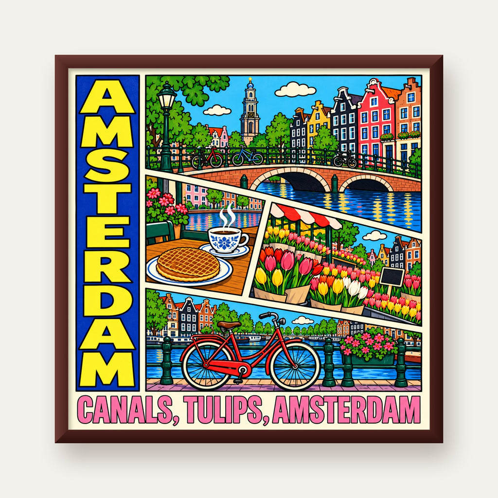 Amsterdam Temalı Renkli İllüstrasyon Poster – Modern Duvar Dekoru — ceviz çerçeveli