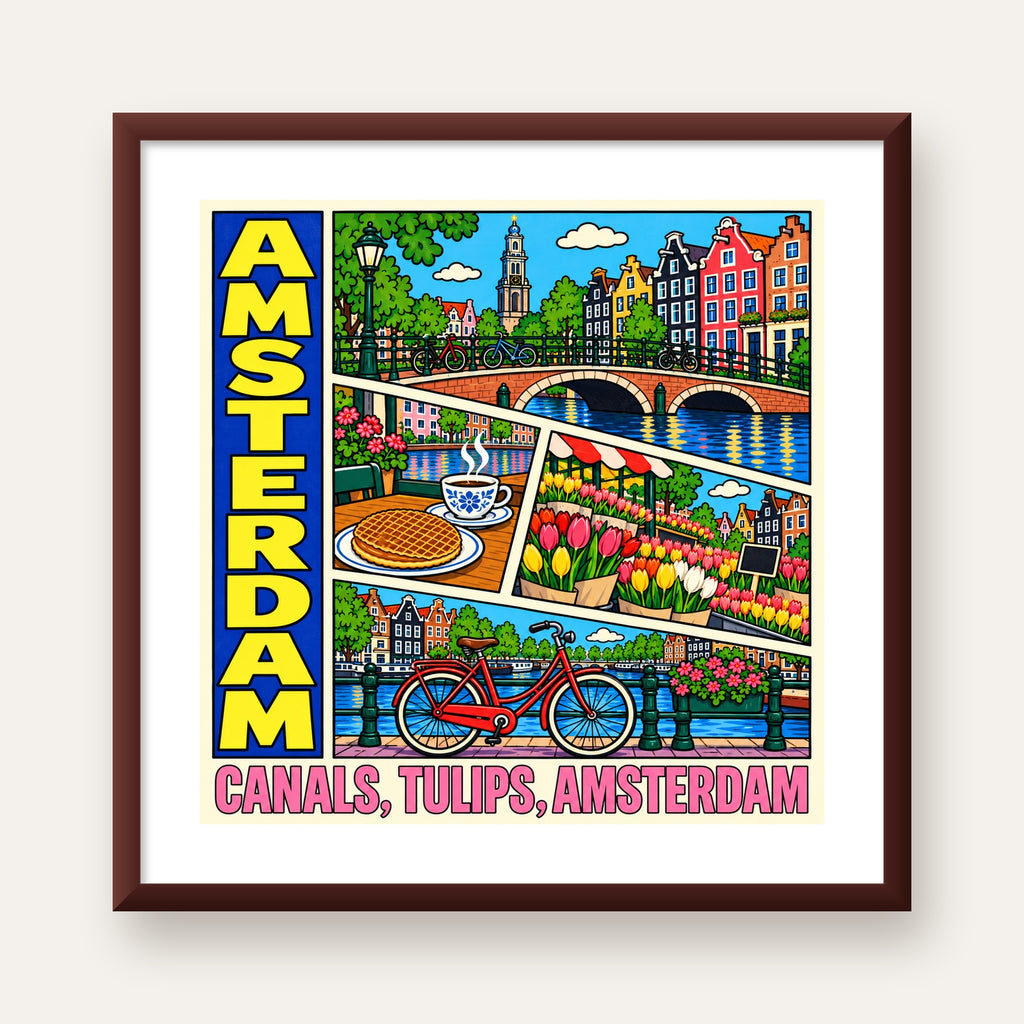 Amsterdam Temalı Renkli İllüstrasyon Poster – Modern Duvar Dekoru — ceviz çerçeveli paspartulu