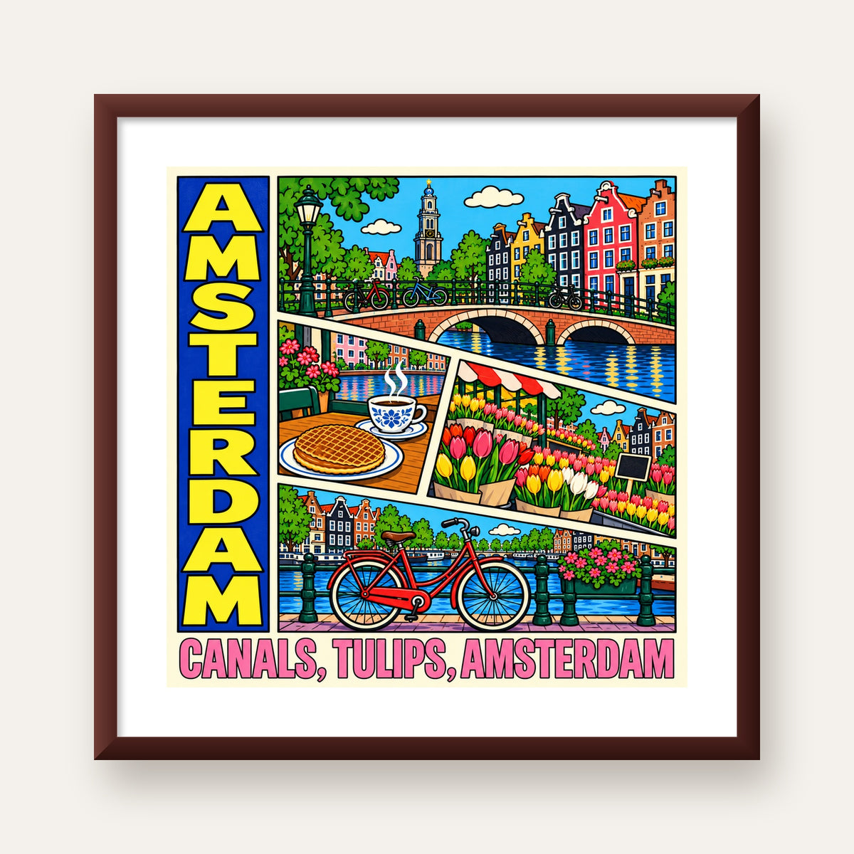 Amsterdam Temalı Renkli İllüstrasyon Poster – Modern Duvar Dekoru — ceviz çerçeveli paspartulu
