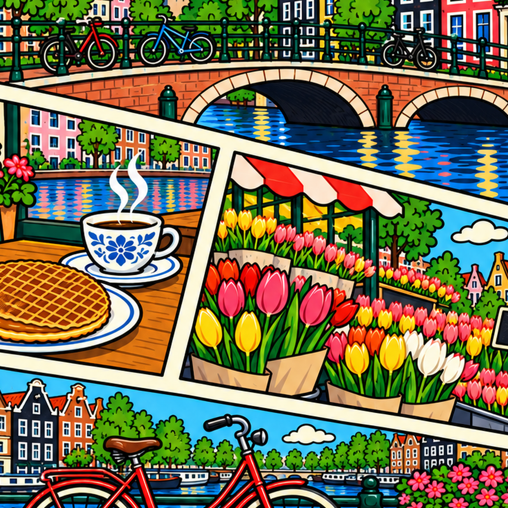 Amsterdam Temalı Renkli İllüstrasyon Poster – Modern Duvar Dekoru — baskının yakın çekimi, kâğıt dokusu ve renk detayı
