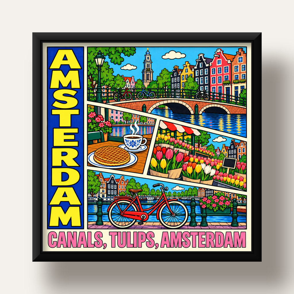 Amsterdam Temalı Renkli İllüstrasyon Poster – Modern Duvar Dekoru — siyah derin çerçeveli