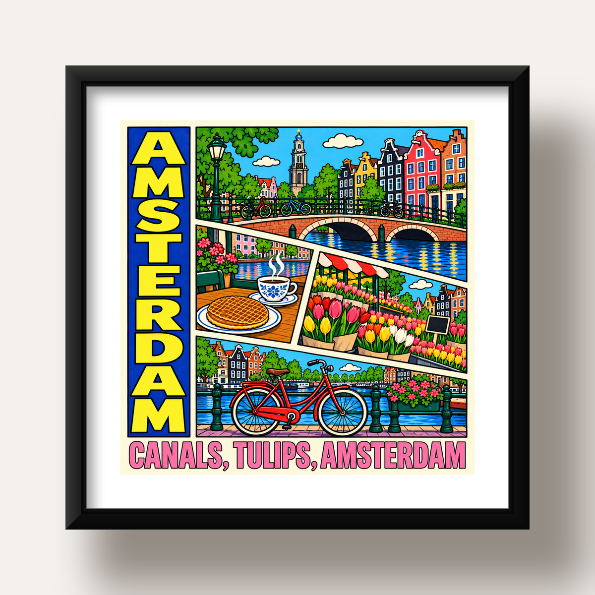 Amsterdam Temalı Renkli İllüstrasyon Poster – Modern Duvar Dekoru — siyah derin çerçeveli paspartulu