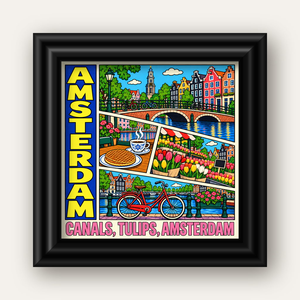 Amsterdam Temalı Renkli İllüstrasyon Poster – Modern Duvar Dekoru — siyah galeri çerçeveli