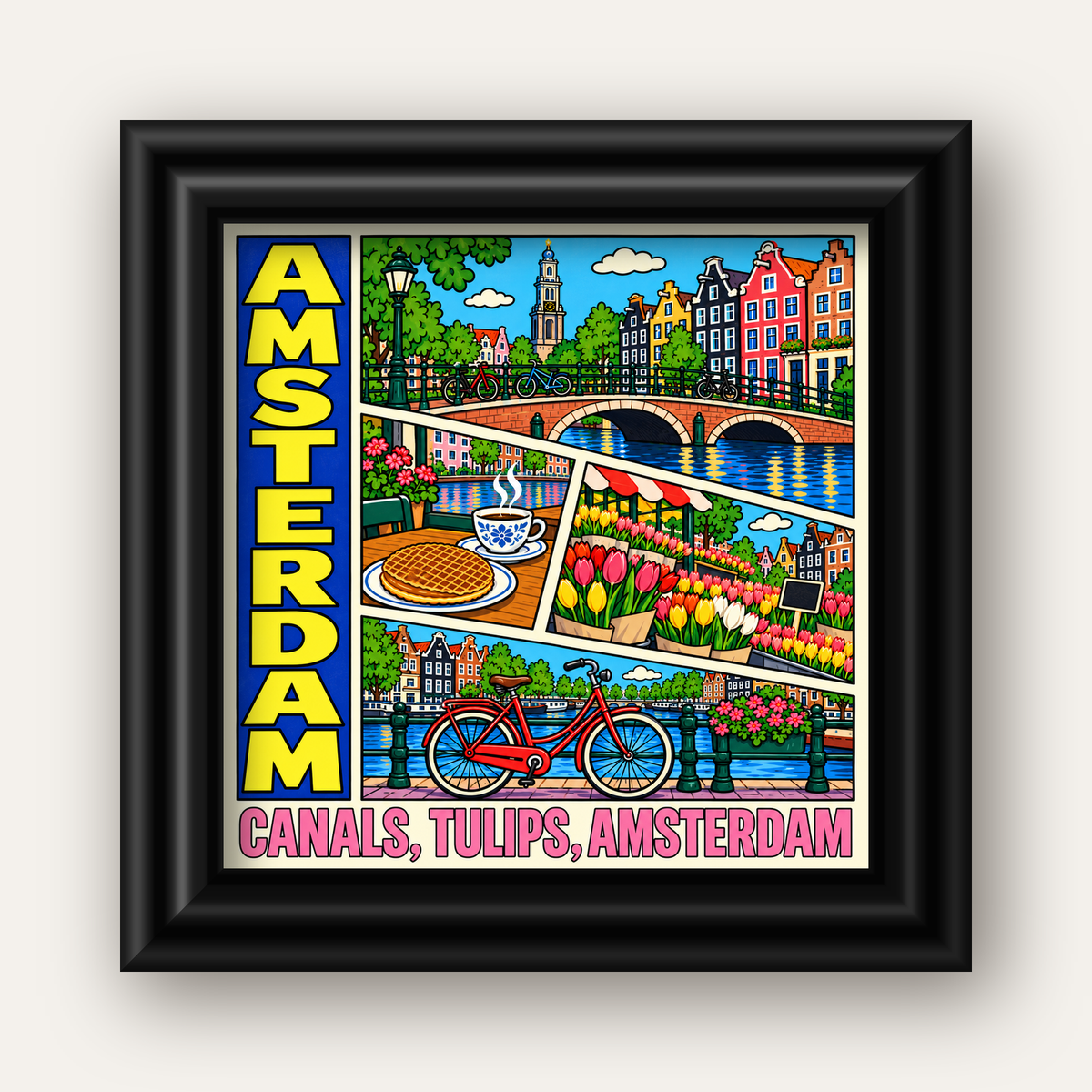 Amsterdam Temalı Renkli İllüstrasyon Poster – Modern Duvar Dekoru — siyah galeri çerçeveli