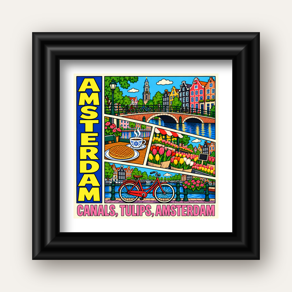 Amsterdam Temalı Renkli İllüstrasyon Poster – Modern Duvar Dekoru — siyah galeri çerçeveli paspartulu