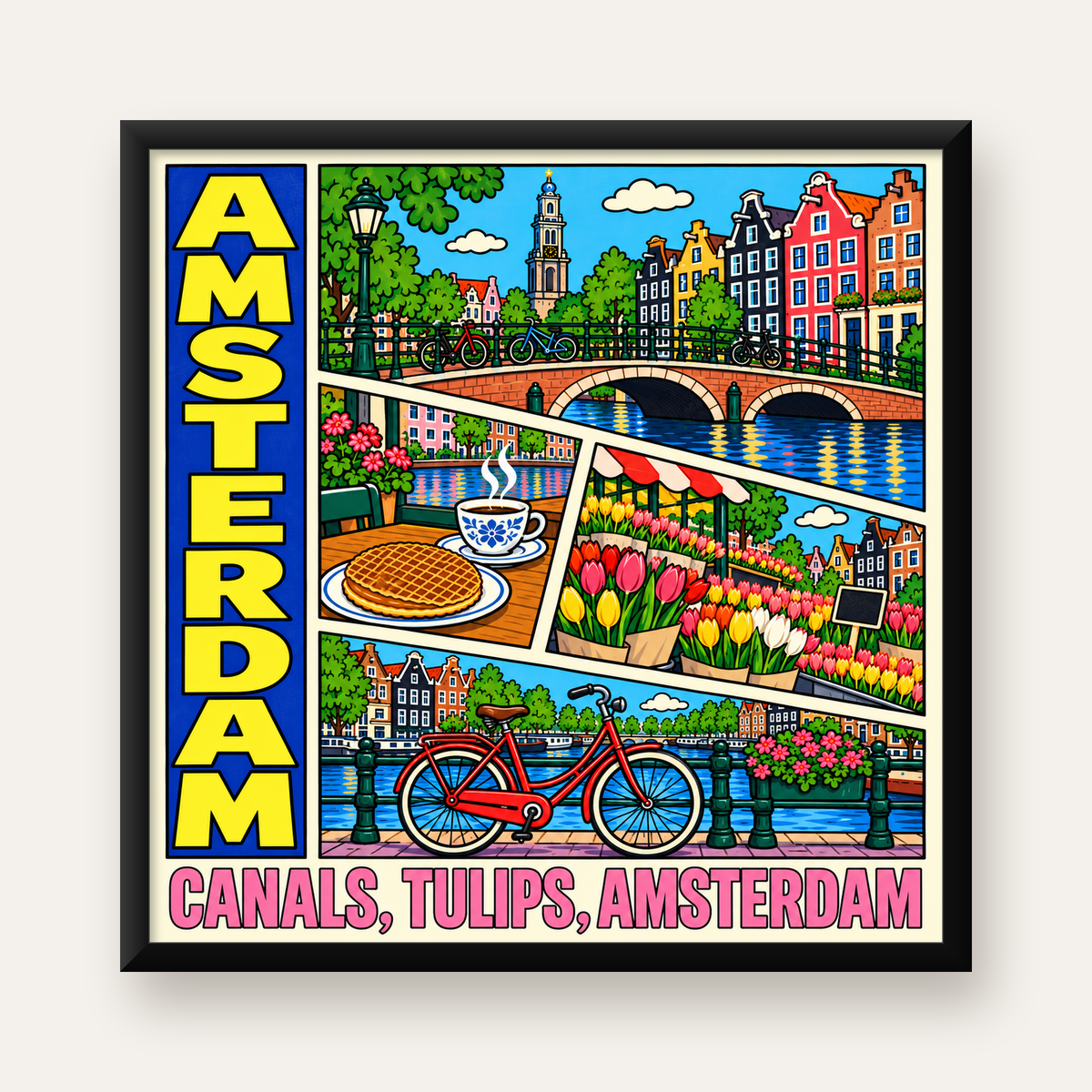 Amsterdam Temalı Renkli İllüstrasyon Poster – Modern Duvar Dekoru — Kare baskı, düz siyah çerçeveli duvar posteri