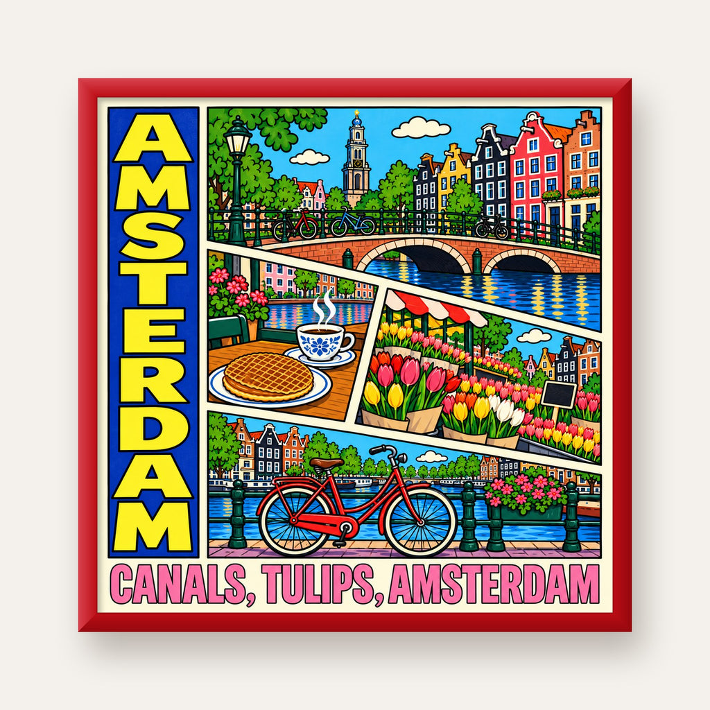 Amsterdam Temalı Renkli İllüstrasyon Poster – Modern Duvar Dekoru — kırmızı çerçeveli