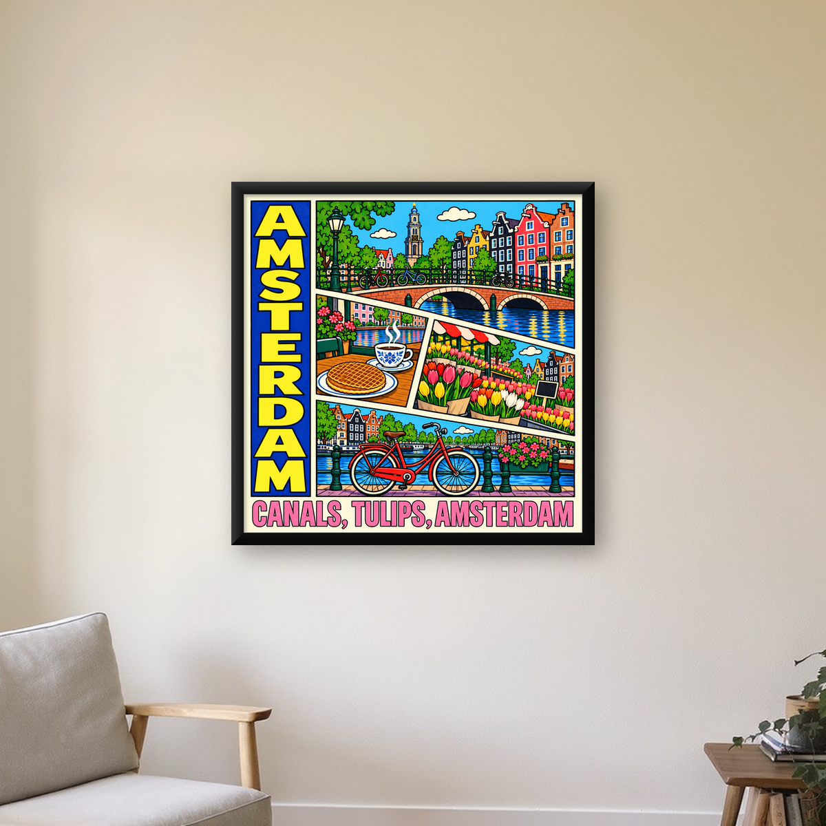 Amsterdam Temalı Renkli İllüstrasyon Poster – Modern Duvar Dekoru — Kare baskı, çerçeveli hâliyle bir ev duvarında