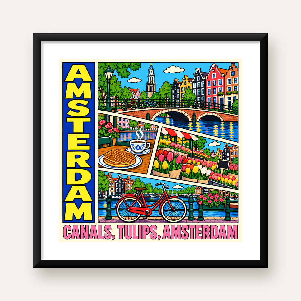 Amsterdam Temalı Renkli İllüstrasyon Poster – Modern Duvar Dekoru — Kare baskı, beyaz paspartulu