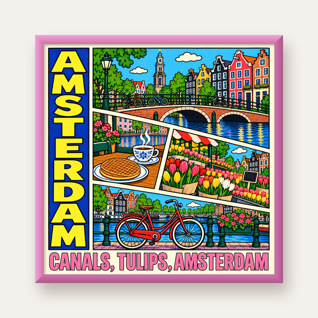 Amsterdam Temalı Renkli İllüstrasyon Poster – Modern Duvar Dekoru — pembe çerçeveli