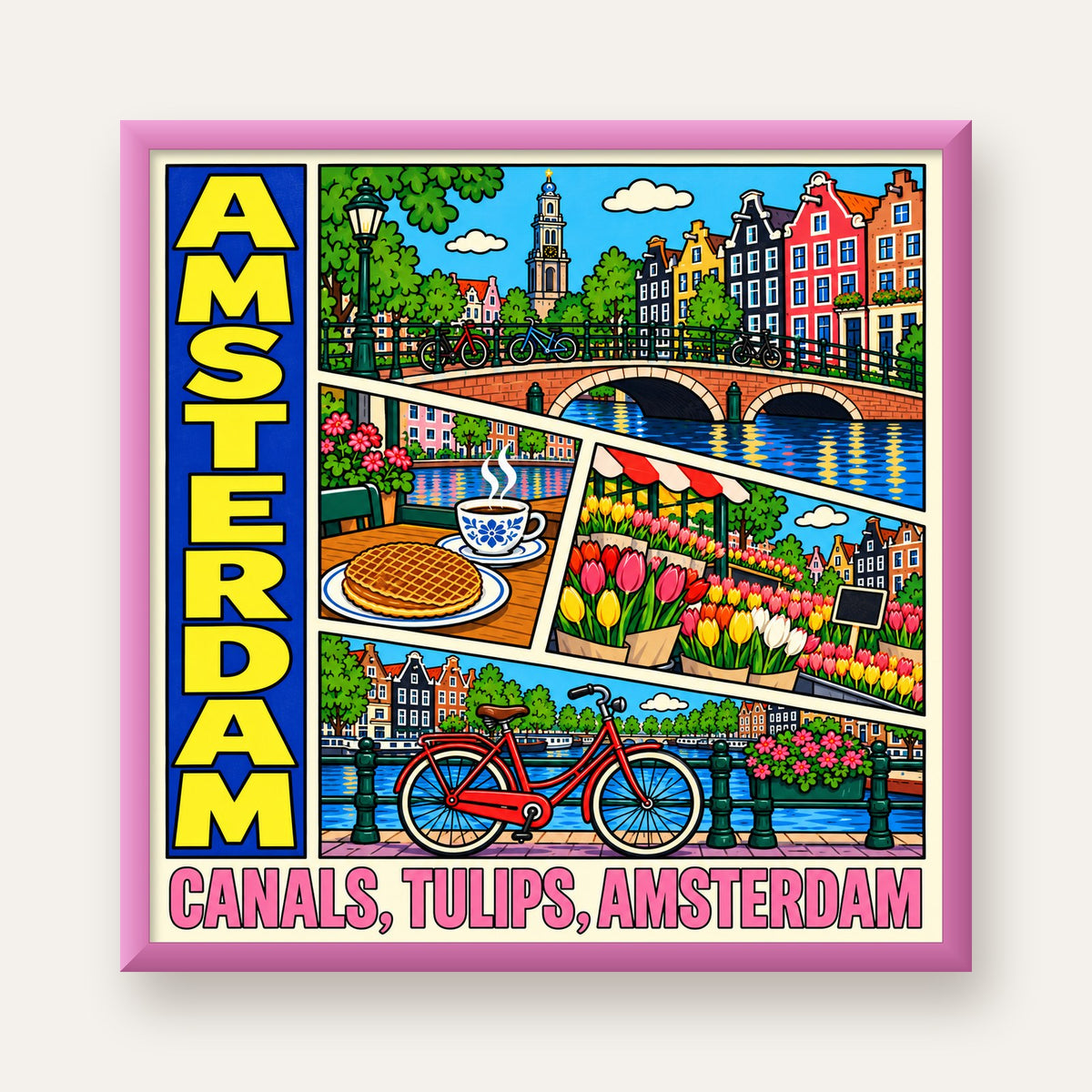 Amsterdam Temalı Renkli İllüstrasyon Poster – Modern Duvar Dekoru — pembe çerçeveli