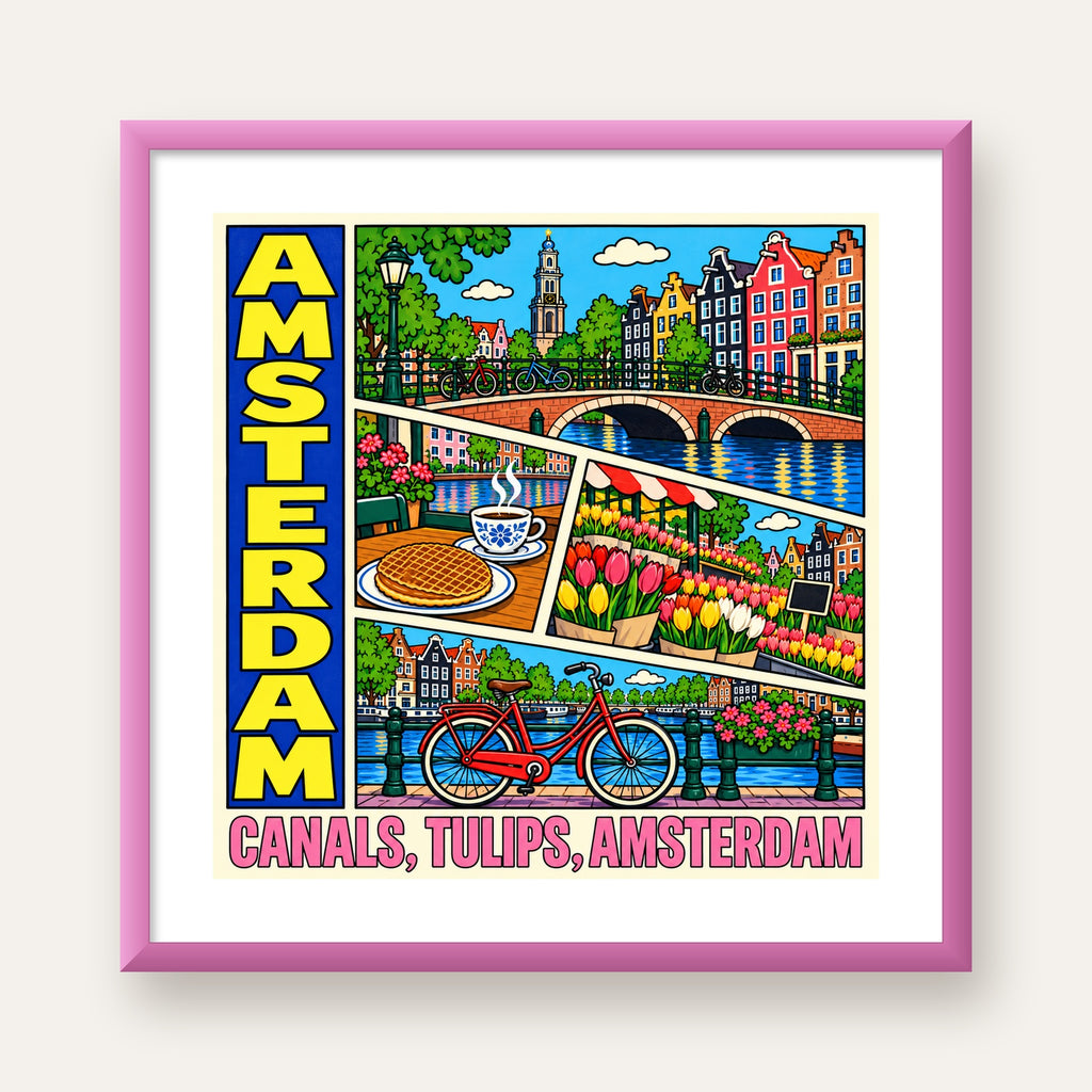 Amsterdam Temalı Renkli İllüstrasyon Poster – Modern Duvar Dekoru — pembe çerçeveli paspartulu