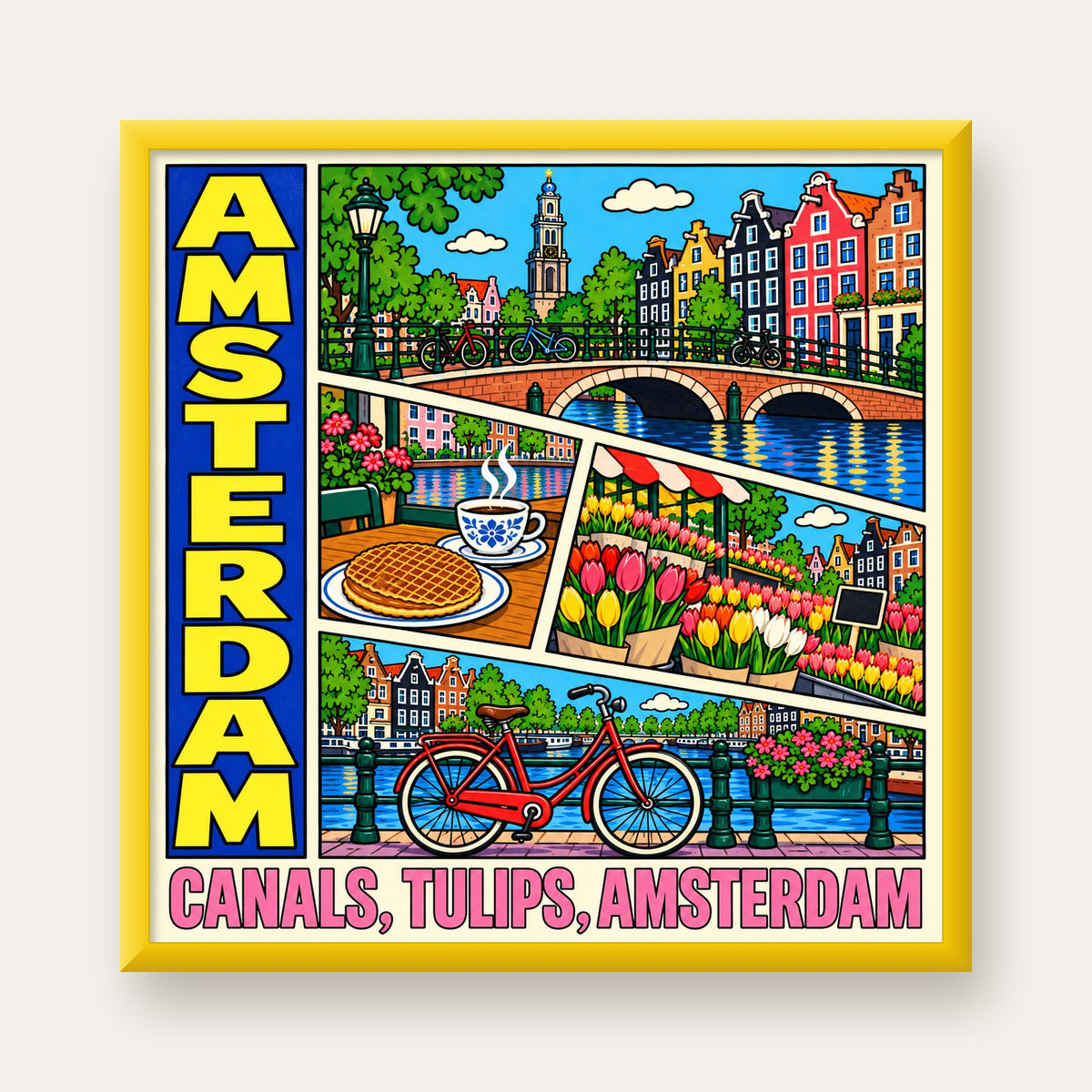 Amsterdam Temalı Renkli İllüstrasyon Poster – Modern Duvar Dekoru — sarı çerçeveli