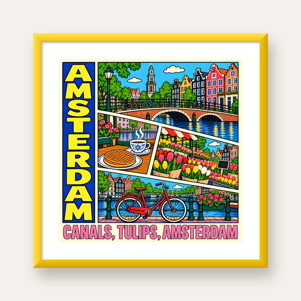 Amsterdam Temalı Renkli İllüstrasyon Poster – Modern Duvar Dekoru — sarı çerçeveli paspartulu