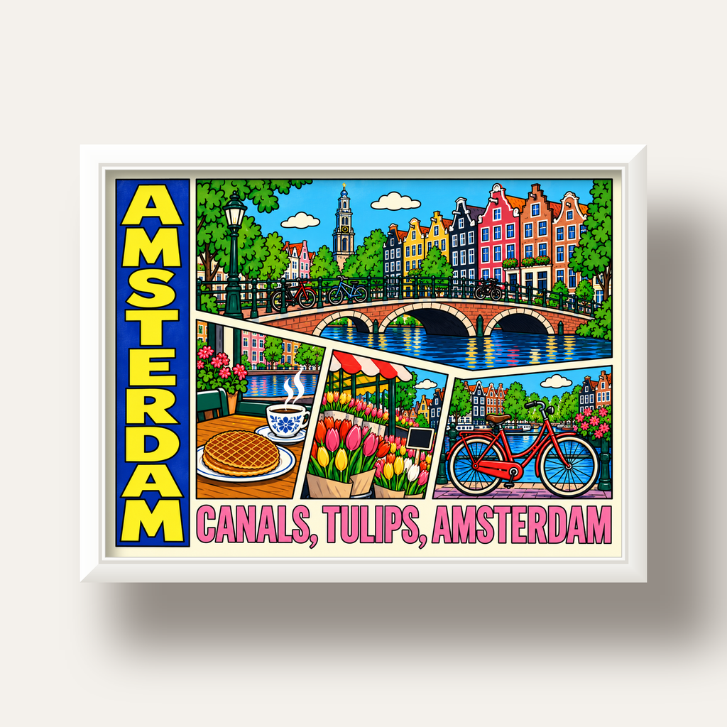 Amsterdam Temalı Renkli İllüstrasyon Poster – Modern Duvar Dekoru — beyaz derin çerçeveli