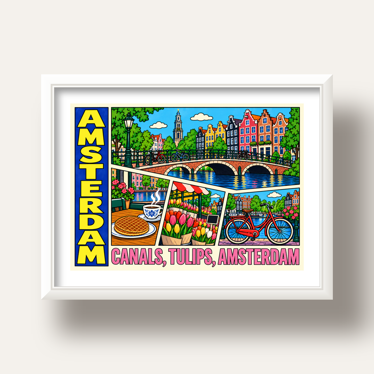Amsterdam Temalı Renkli İllüstrasyon Poster – Modern Duvar Dekoru — beyaz derin çerçeveli paspartulu