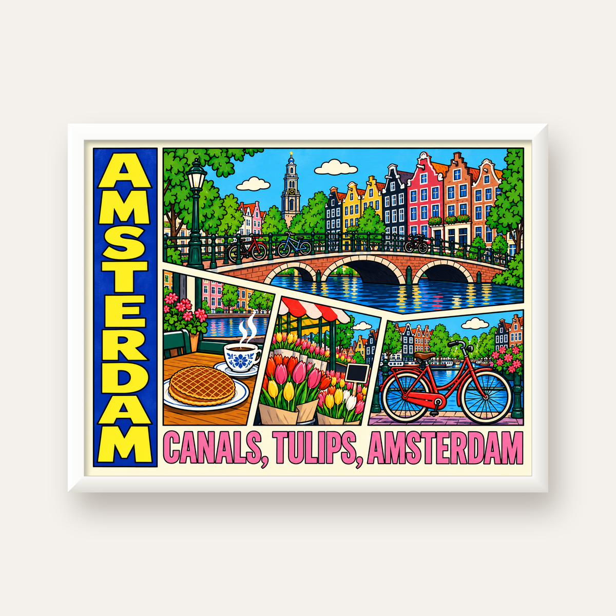 Amsterdam Temalı Renkli İllüstrasyon Poster – Modern Duvar Dekoru — beyaz çerçeveli yatay poster