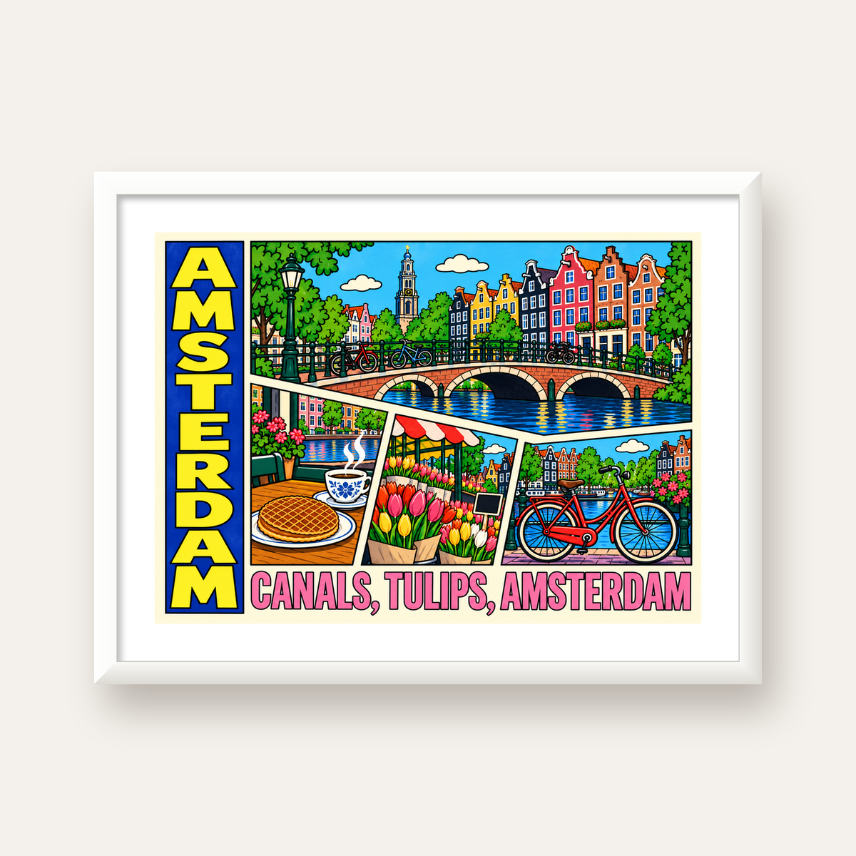 Amsterdam Temalı Renkli İllüstrasyon Poster – Modern Duvar Dekoru — beyaz çerçeveli yatay poster