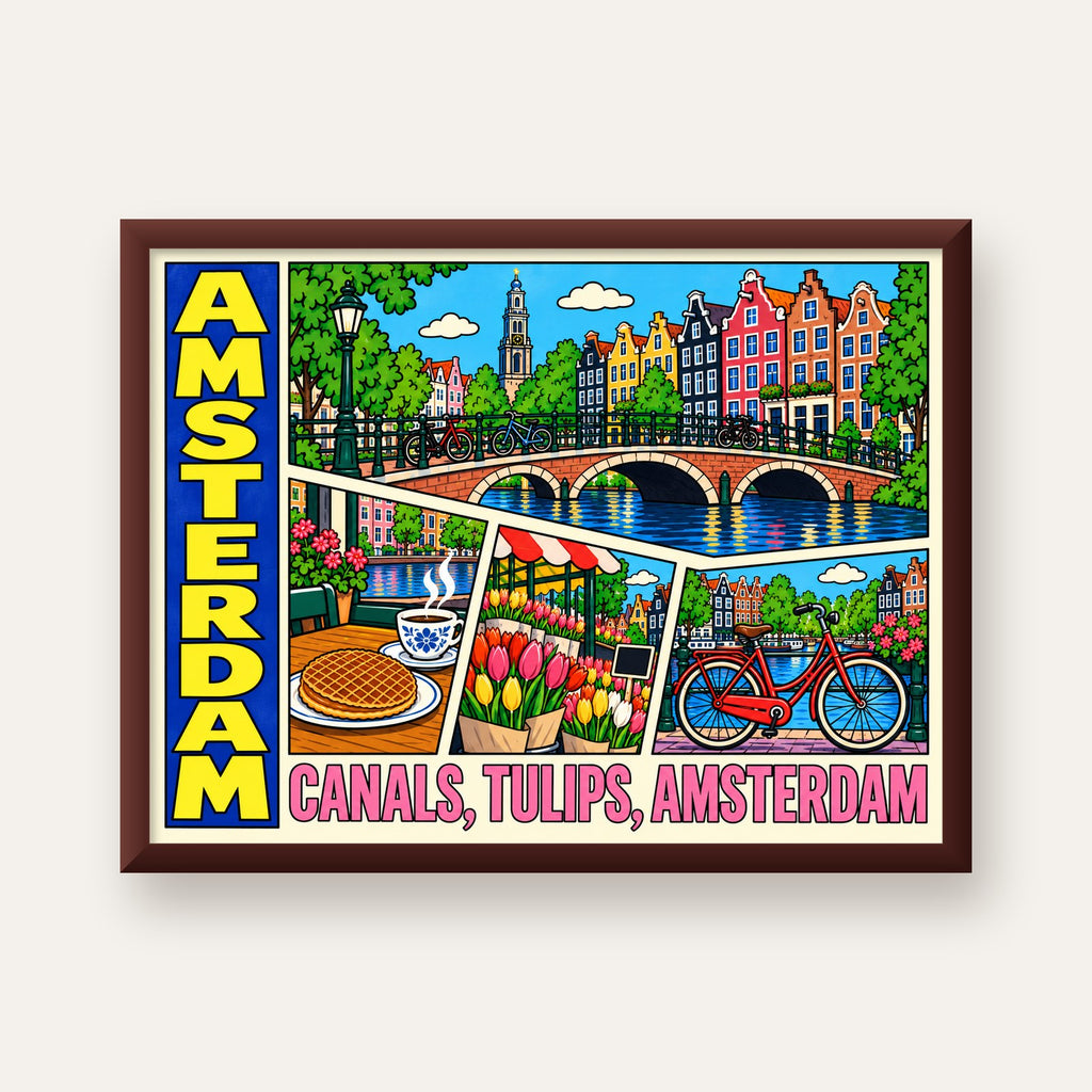 Amsterdam Temalı Renkli İllüstrasyon Poster – Modern Duvar Dekoru — ceviz çerçeveli