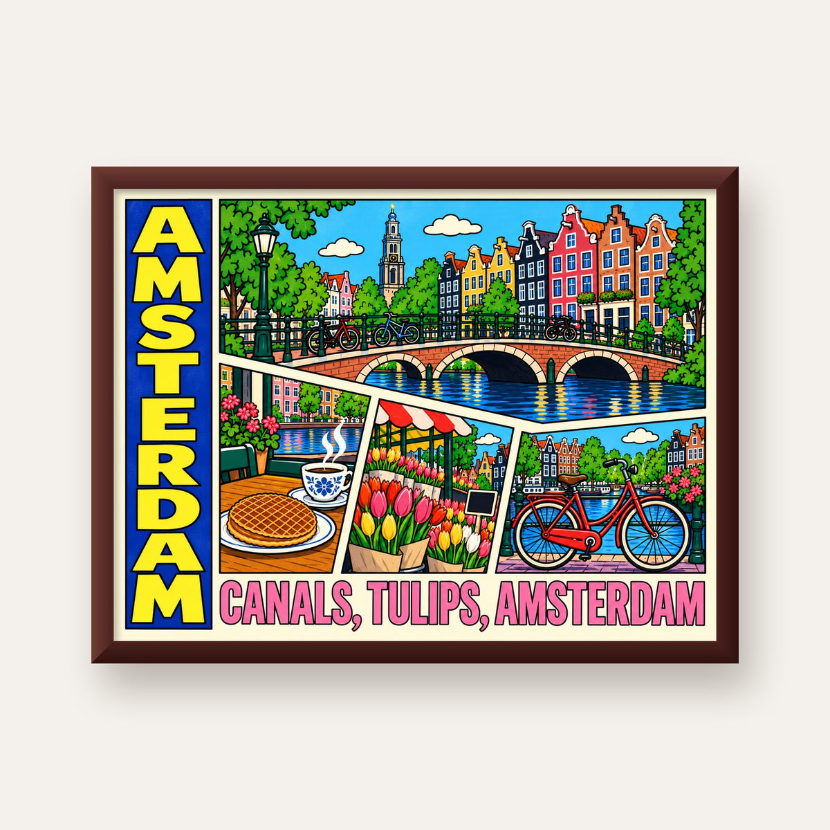 Amsterdam Temalı Renkli İllüstrasyon Poster – Modern Duvar Dekoru — ceviz çerçeveli