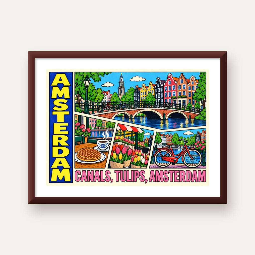 Amsterdam Temalı Renkli İllüstrasyon Poster – Modern Duvar Dekoru — ceviz çerçeveli paspartulu