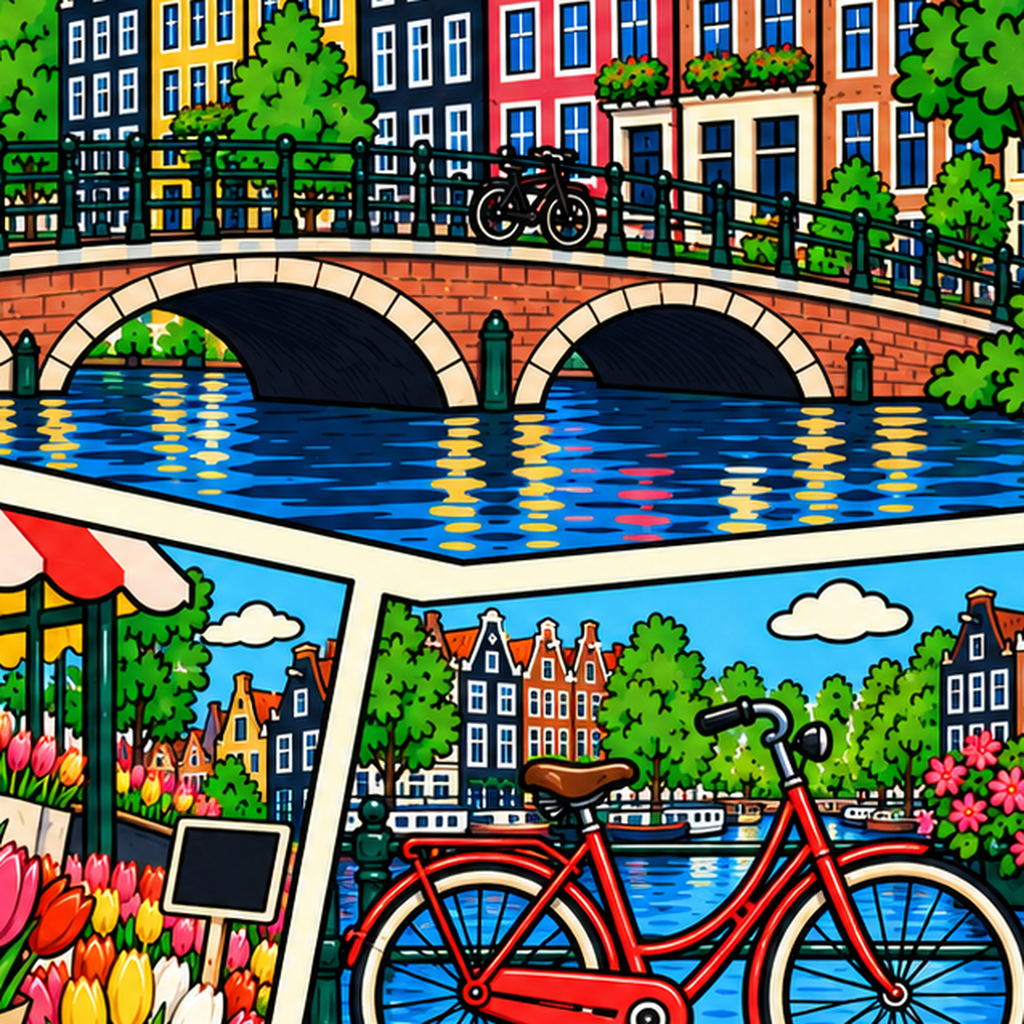 Amsterdam Temalı Renkli İllüstrasyon Poster – Modern Duvar Dekoru — baskının yakın çekimi, kâğıt dokusu ve renk detayı