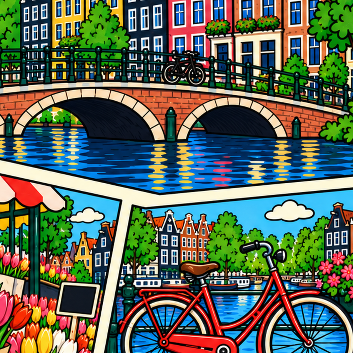 Amsterdam Temalı Renkli İllüstrasyon Poster – Modern Duvar Dekoru — baskının yakın çekimi, kâğıt dokusu ve renk detayı
