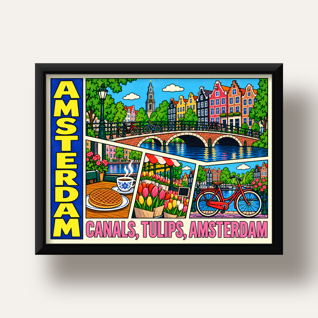 Amsterdam Temalı Renkli İllüstrasyon Poster – Modern Duvar Dekoru — siyah derin çerçeveli