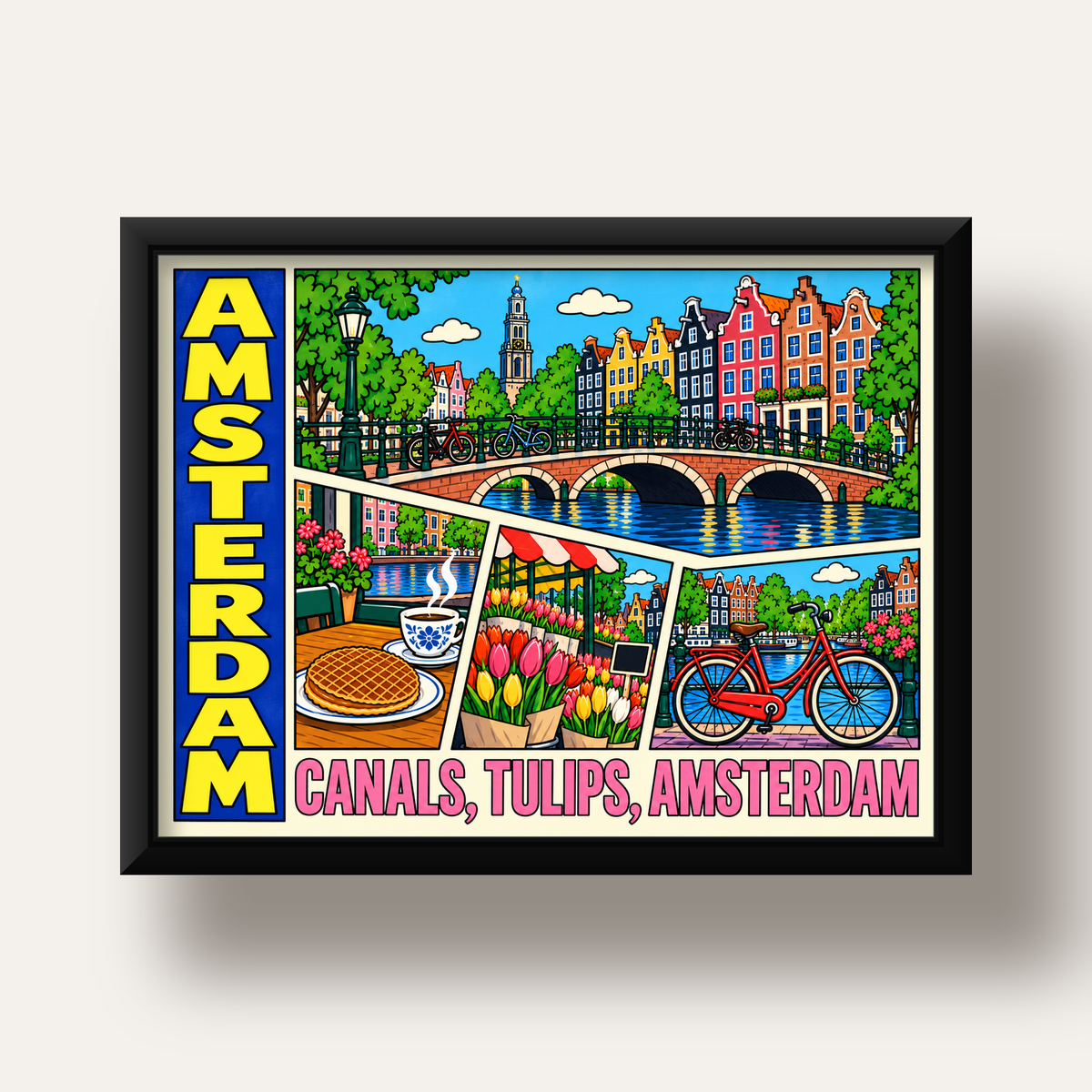 Amsterdam Temalı Renkli İllüstrasyon Poster – Modern Duvar Dekoru — siyah derin çerçeveli