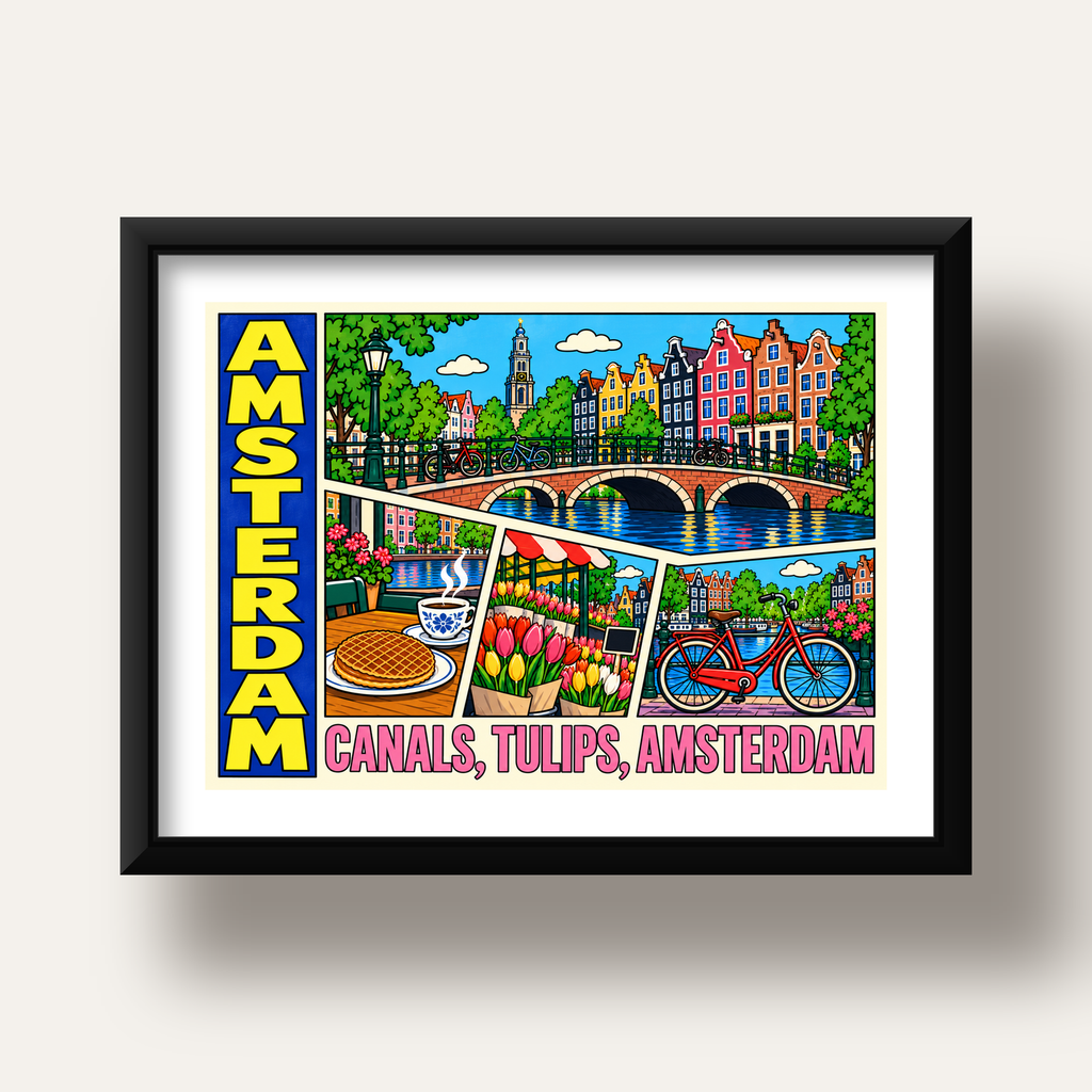 Amsterdam Temalı Renkli İllüstrasyon Poster – Modern Duvar Dekoru — siyah derin çerçeveli paspartulu