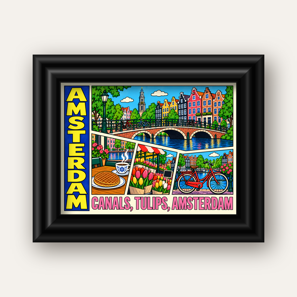 Amsterdam Temalı Renkli İllüstrasyon Poster – Modern Duvar Dekoru — siyah galeri çerçeveli