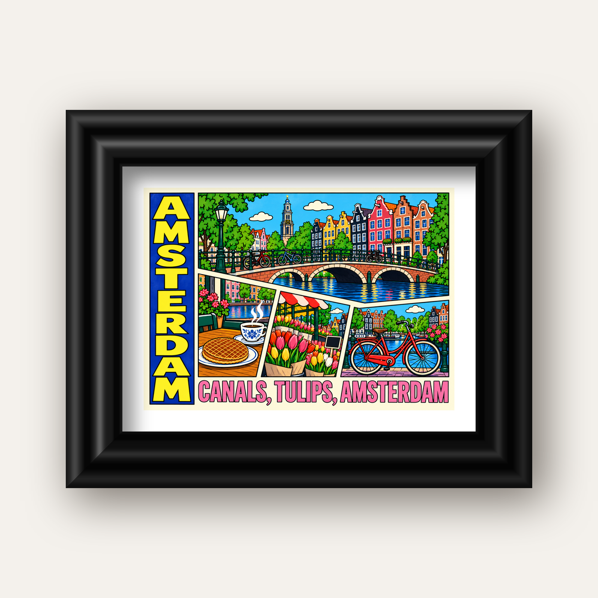 Amsterdam Temalı Renkli İllüstrasyon Poster – Modern Duvar Dekoru — siyah galeri çerçeveli paspartulu