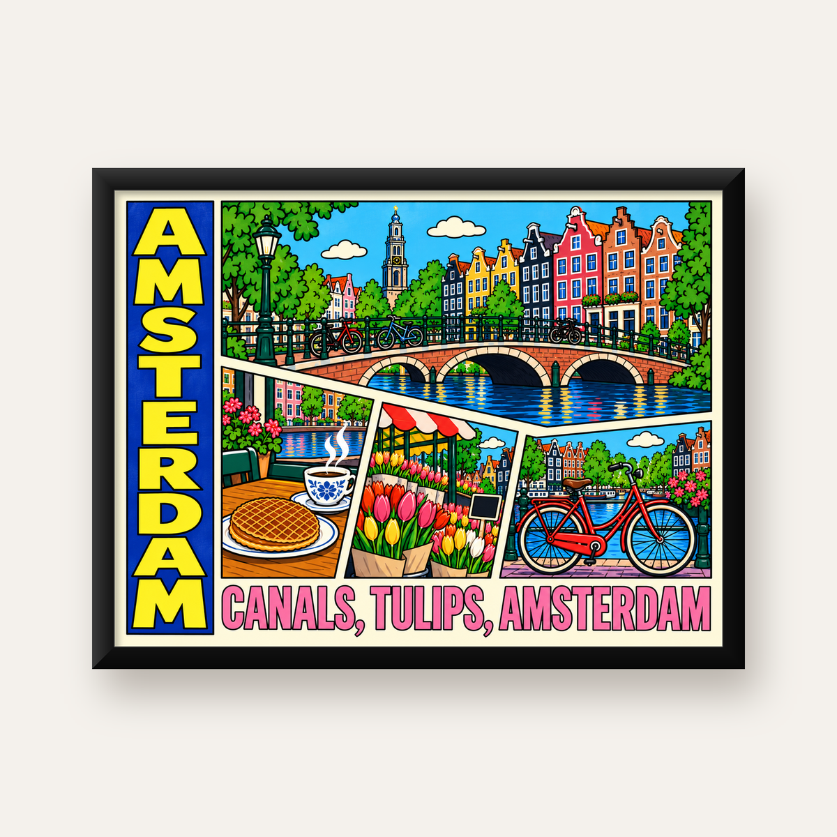 Amsterdam Temalı Renkli İllüstrasyon Poster – Modern Duvar Dekoru — Yatay baskı, düz siyah çerçeveli duvar posteri