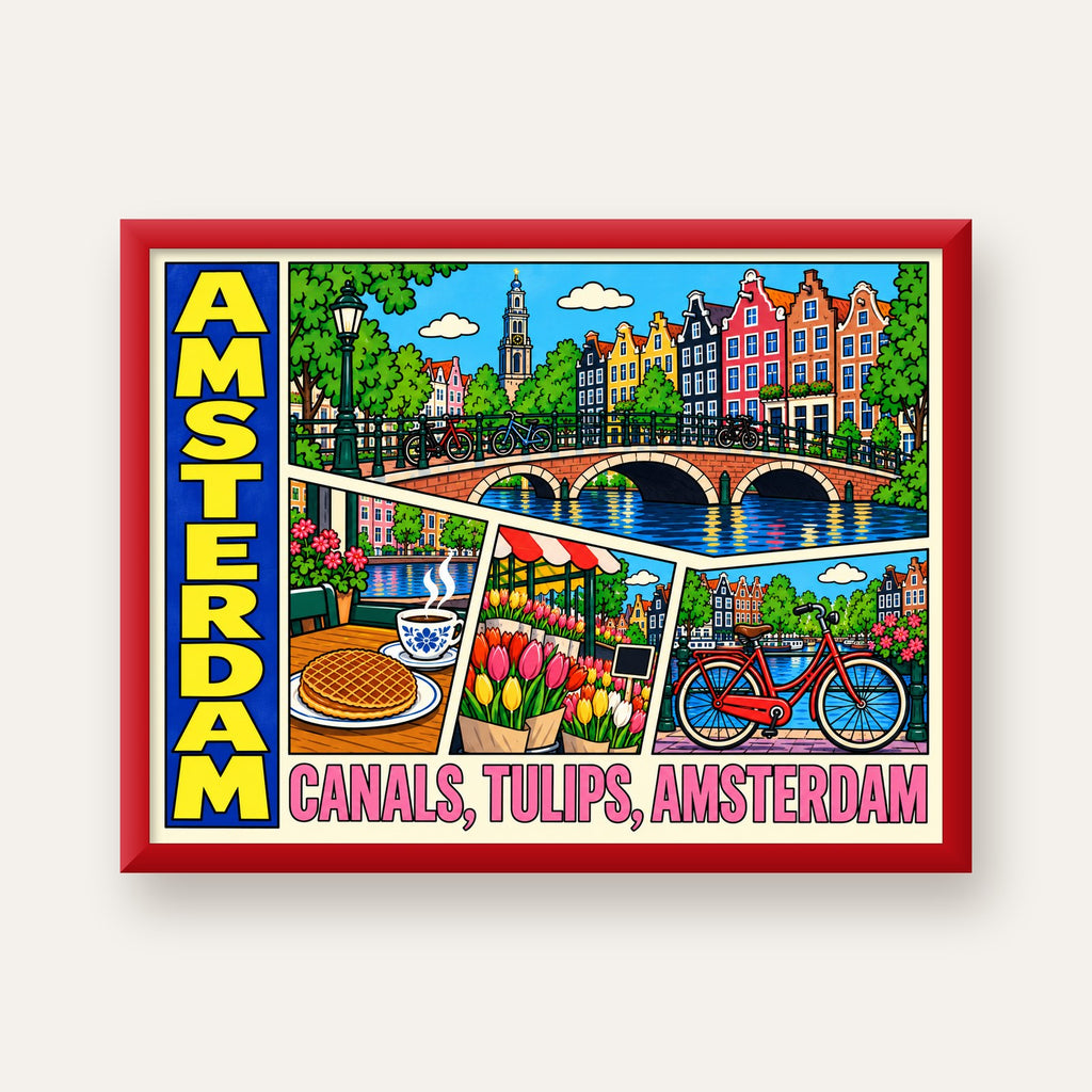 Amsterdam Temalı Renkli İllüstrasyon Poster – Modern Duvar Dekoru — kırmızı çerçeveli