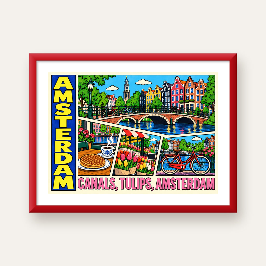 Amsterdam Temalı Renkli İllüstrasyon Poster – Modern Duvar Dekoru — kırmızı çerçeveli paspartulu