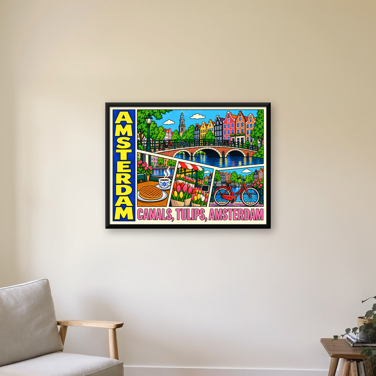 Amsterdam Temalı Renkli İllüstrasyon Poster – Modern Duvar Dekoru — Yatay baskı, çerçeveli hâliyle bir ev duvarında