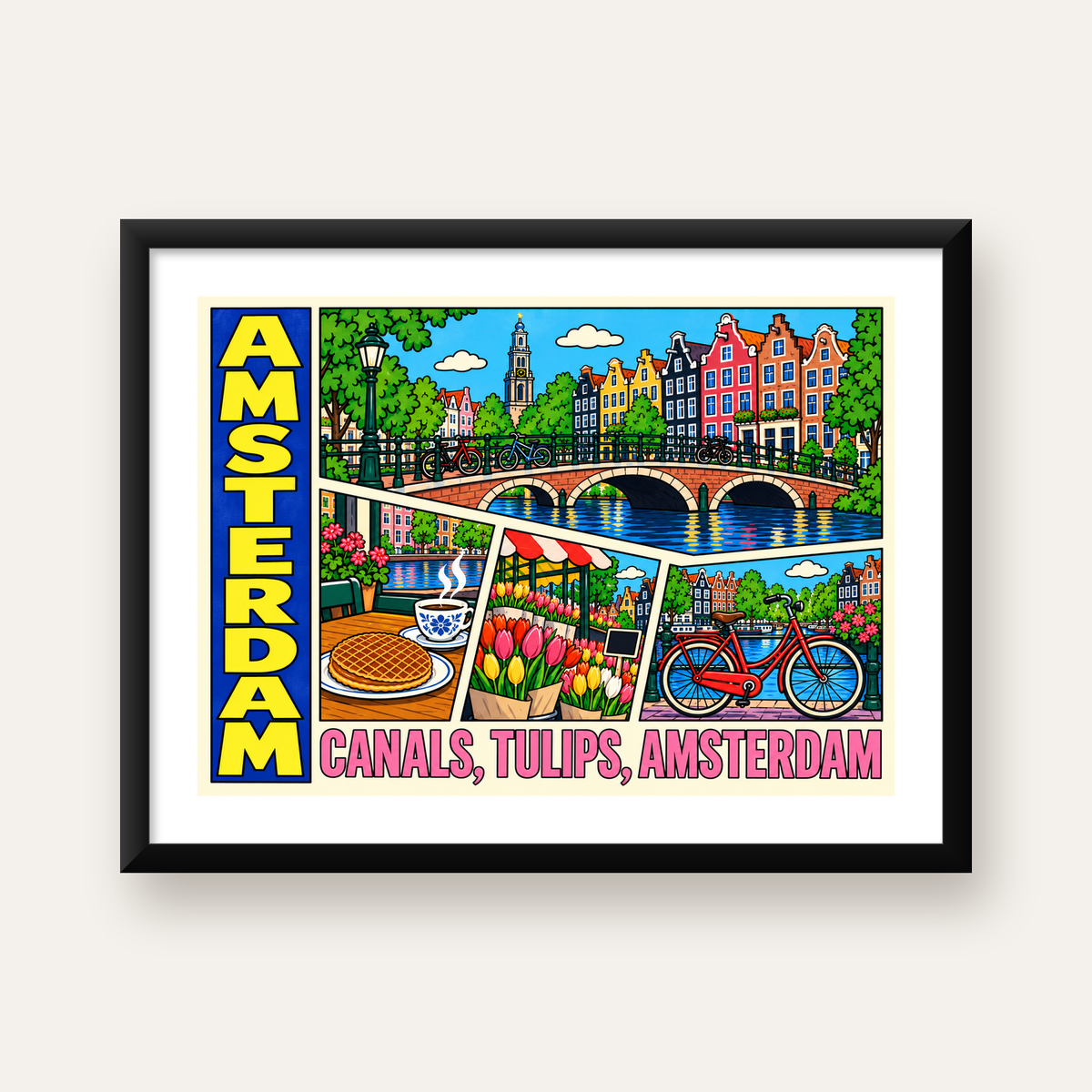 Amsterdam Temalı Renkli İllüstrasyon Poster – Modern Duvar Dekoru — Yatay baskı, beyaz paspartulu