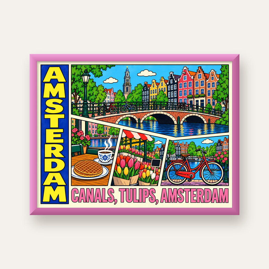 Amsterdam Temalı Renkli İllüstrasyon Poster – Modern Duvar Dekoru — pembe çerçeveli