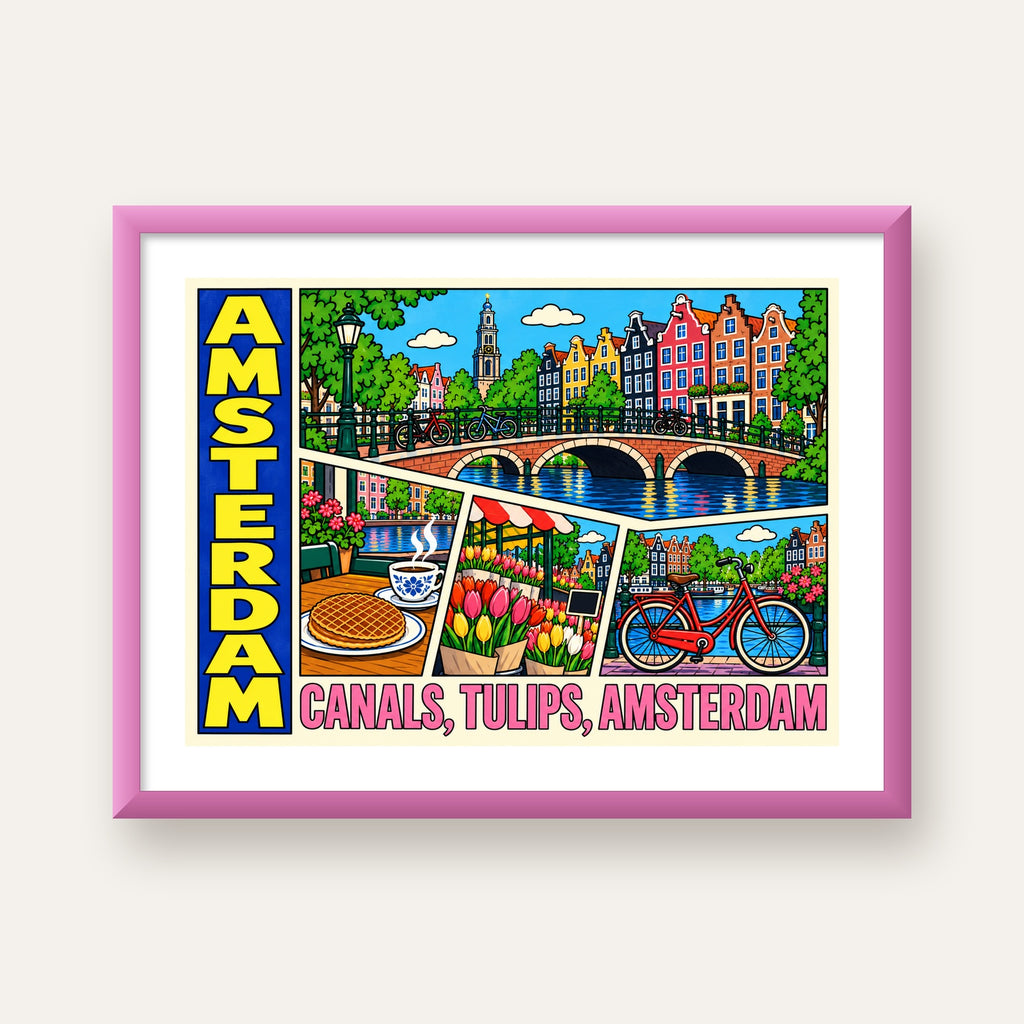 Amsterdam Temalı Renkli İllüstrasyon Poster – Modern Duvar Dekoru — pembe çerçeveli paspartulu