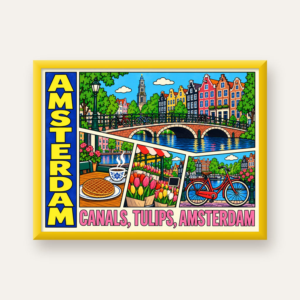 Amsterdam Temalı Renkli İllüstrasyon Poster – Modern Duvar Dekoru — sarı çerçeveli